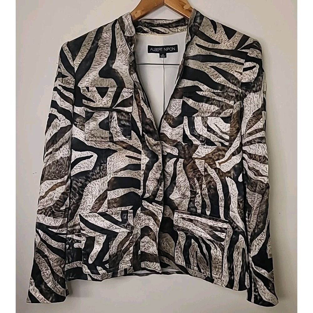 Women's 100%‎ Silk Jacket Full Zip Zebra Print Animal colorful Sz 12 Large